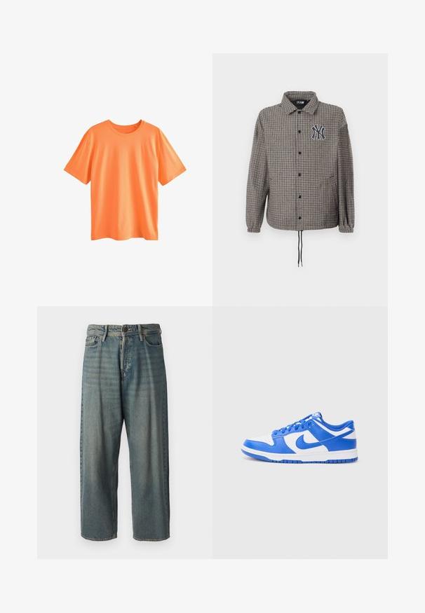 Kabát s vzorom houndstooth v sivej a čiernej farbe, s gombíkovou prednou časťou, elastickými manžetami a vyšívaným logom na hrudi.; Next Základné tričko - mottled orange; Svetlomodré denimové nohavice so voľným strihom, stredne vysokým pásom a rovnými nohavicami. Obsahujú päť vreciek, pútka na opasok a zapínanie na gombík.; Nike Dunk topánky s modro-bielym koženým zvrškom, ktorý obsahuje perforovaný špičkový diel, systém šnurovania a textúrovanú gumovú podrážku.