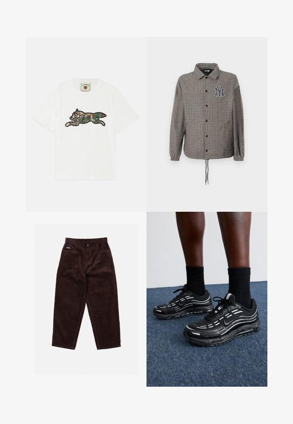 Hallhirma mustriga jakk hallis ja mustas, nööpidega ees, kummist mansetid ja tikitud logo rinnal.; Valge puuvillane T-särk, millel on suur, hüppav rebane kamuflaaživärvides, musta joonistusega. Lühikesed varrukad ja ümmargune kaelus.; Pruunid kordurokülgedega püksid sirge lõikega, millel on ees nupuga sulgemine, viis taskut ja kanga ribide tõttu kerge tekstuur.; Mustad mustad Nike'i jalanõud on varustatud võrkstruktuuriga pealispinna, aktsenttriipude, tekstuuritud paelte ja musta kummist tallaga. Kannan mustade ribakudumiste sokkidega.