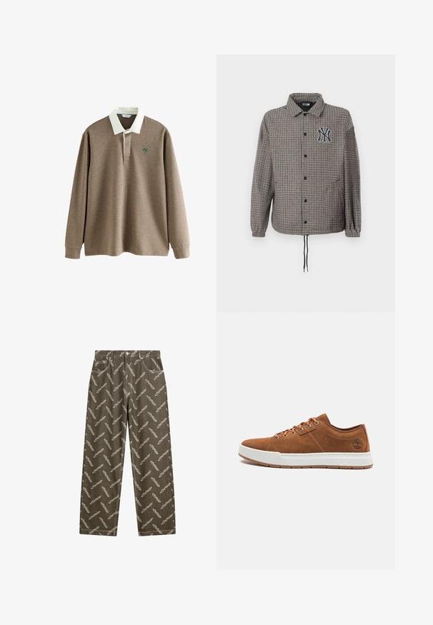 Grau-schwarz gemusterte Jacke im Hahnentrittmuster, mit Knopfleiste, elastischen Bündchen und einem bestickten Logo auf der Brust.; Langärmliges Poloshirt im braun-cream Hahnentrittmuster mit weißem Kragen und grünem Logo auf der Brust. Weicher Stoff.; Khaki-Jeans mit einem durchgehenden Federdesign in hellbeige. Lockere Passform mit Standardtaschen und Kontrastnähten.; Braune Wildleder-Sneaker mit weißer Gummisohle, runder Zehenform, sechs Metallösen und geprägtem Logodetail an der Seite. Klassisches Schnürdesign.