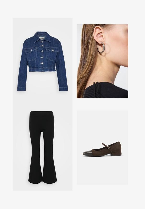 Zkrácená džínová bunda v tmavě modré barvě, s límcem, stříbrnými detaily, dvěma náprsními kapsami a knoflíkovým zapínáním vpředu.; Even&Odd Petite 2 PACK - Top - light grey/black; Černé rozšířené kalhoty s hladkým povrchem a elastickým pasem, s přiléhavým vrškem a širokým rozšířením na lemu.; Hnědé semišové boty Mary Jane s černým lakovaným špičkou, nastavitelným páskem a nízkým blokovým podpatkem. Hladká textura s minimálními akcenty.; Stříbrný kruhový náušník s lesklým povrchem, zdobený malými zlatými akcenty, v kulatém tvaru, nošený na lalůčku.