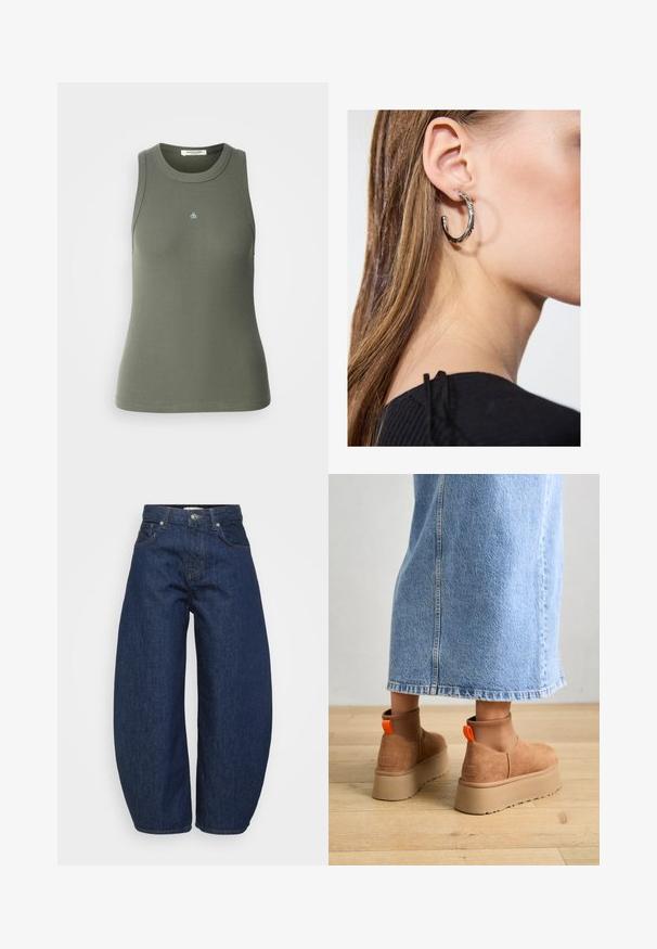 Kuttet denimjakke i mørk blå, med krage, sølvfarget hardware, to brystlommer og knappelukking foran.; Ribbete, ermeløs tanktop i olivengrønn med rund hals. Har en liten blå "&"-logo på forsiden. Mykt, elastisk stoff.; Mørkeblå høytalende denimjeans med vide ben, frontknap og glidelås, samt klassisk femlommers design.; Brune semska plattformstøvler med elastiske sidepaneler og orange rekkehalser, parret med en knelange lys denimskjørt på et tregulv.; Sølv ringøredob med en polert finish, med små gull detaljer og en rund form, båret på øreflippen.