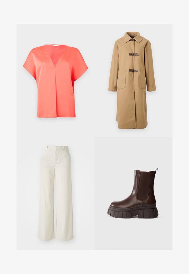 Casaco de lã longo na cor camel com colarinho largo, dois grandes bolsos frontais e dois fechos de pino escuro na parte frontal.; Blusa de cetim cor-de-rosa com decote em V, mangas curtas e um corte descontraído. Apresenta um detalhe de costura central, textura suave e design minimalista.; Calças largas numa cor bege clara, feitas de um tecido suave. Apresentam uma cintura clássica e parte da frente lisa com linhas limpas.; Bota de tornozelo de couro castanho escuro com sola grossa e chunky, e painel lateral elástico, colocada sobre um fundo branco simples.
