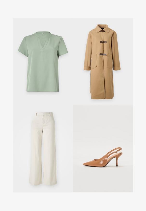 Camel-colored long wool coat with wide collar, two large front pockets, and two dark toggle fasteners down the front.; Short-sleeved top in light green, featuring a V-neckline and smooth texture. Simple design with no patterns or accents.; Wide-leg trousers in a light beige color, made of a smooth fabric. Features a classic waistband and flat front with clean lines.; Pointed toe slingback heel in a smooth, glossy tan material. Features a curved cutout design and a slender stiletto heel. Silver buckle detail.