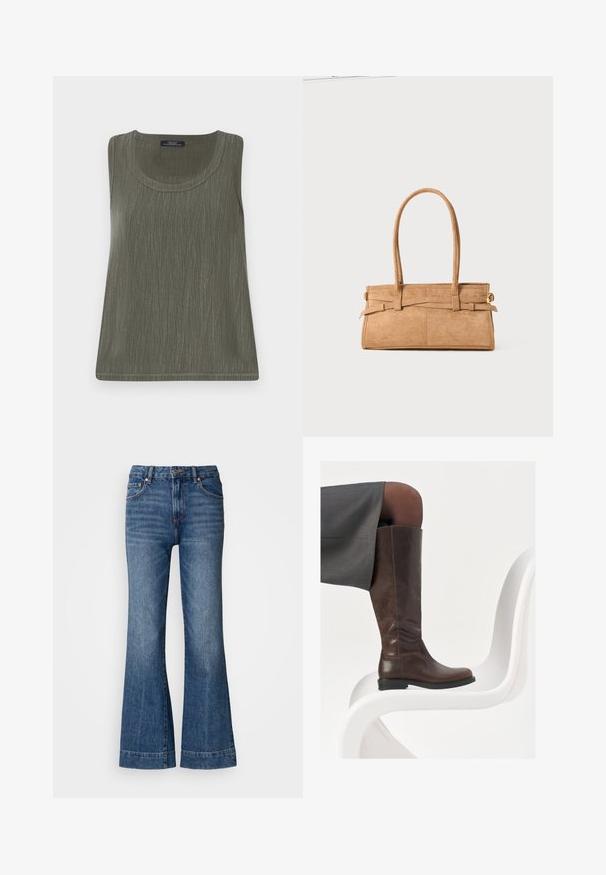 Tejbarna, hosszú gyapjúpulóver széles gallérral, két nagy elülső zsebbel és két sötét fémkapoccsal az elején.; Ujjatlan felső olajzöld színben, finom textúrával, kerek nyakkal és egyenes szegéllyel. Könnyű anyagból készült.; Sötétkék, bővülő fazonú farmernadrág. Öt zsebet, övhurkokat és narancssárga varrást tartalmaz. Simább textúrájú, klasszikus illeszkedésű dizájnjával.; Barna bőr térdig érő csizma, lekerekített orral, sima felülettel és minimális varrási részletekkel, világos háttér előtt, egy fehér széken.; Barna nubuk bőr kézitáska, két hosszú fogantyúval, téglalap alakú, és díszítő varrással. Oldalszíja és diszkrét arany fém kiegészítők találhatók rajta.