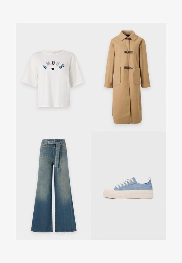 Kamelově zbarvený dlouhý vlněný kabát s širokým límcem, dvěma velkými předními kapsami a dvěma tmavými zapínacími háčky vpředu.; Bílé tričko s krátkým rukávem s nápisem "AMOUR" v mnohobarevných flitrech a designem srdce. Oversized střih a měkký bavlněný materiál.; Džínové kalhoty širokého střihu s přechodem od světlé k tmavě modré, vysokým pasem, poutky na opasek a odpovídajícím opaskem ze stejného materiálu. Texturovaná džínovina.; Světlé modré plátěné tenisky s krémovou gumovou špičkou a podrážkou, které mají bílé tkaničky a poutko na patě.