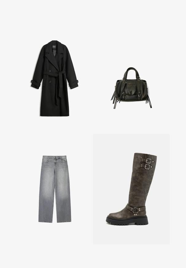 Black wool blend coat with a double-breasted design, large lapels, side pockets, and a tied belt at the waist. Features button accents.; White short-sleeve blouse with vertical and chevron stripes, featuring a front zipper, pointed collar, and two front pockets.; Wide-leg gray denim jeans with a slightly faded finish, featuring five pockets, a front button closure, and belt loops.; RAID DERRY - High heeled boots - grey; Black leather handbag with braided handles, zipper pocket, and hanging tassels. Textured surface with metal studs and hardware accents.