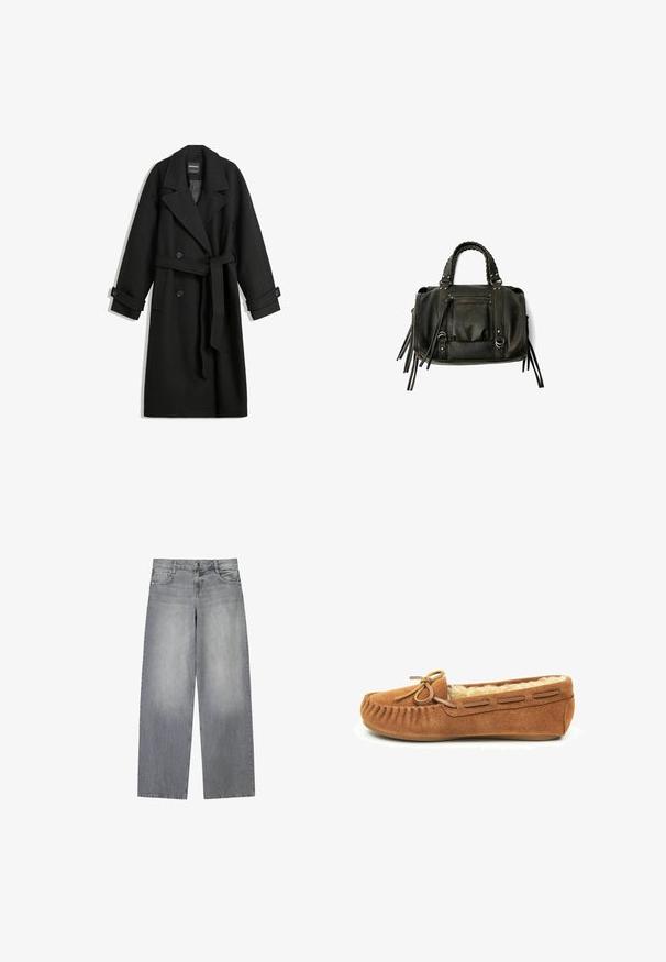 Czarny płaszcz z mieszanki wełny o podwójnym zapinaniu, z dużymi klapami, bocznymi kieszeniami i związanym paskiem w talii. Posiada akcenty w postaci guzików.; Biała bluzka z krótkim rękawem w pionowe i chevronowe paski, z zamkiem błyskawicznym z przodu, kołnierzykiem spiczastym oraz dwiema kieszeniami z przodu.; Szerokie spodnie dżinsowe w kolorze szarym z lekko wyblakłym wykończeniem, z pięcioma kieszeniami, zapięciem na guzik z przodu oraz szlufkami na pasek.; Brązowe zamszowe kapcie mokasynowe z futrzanym wykończeniem, akcentem w postaci kokardki na palcu oraz ozdobnym przeszyciem wzdłuż cholewki. Płaska gumowa podeszwa.; Czarna skórzana torebka z plecionymi uchwytami, kieszenią na zamek i zawieszkami. Teksturowana powierzchnia z metalowymi ćwiekami i akcentami ze stali.