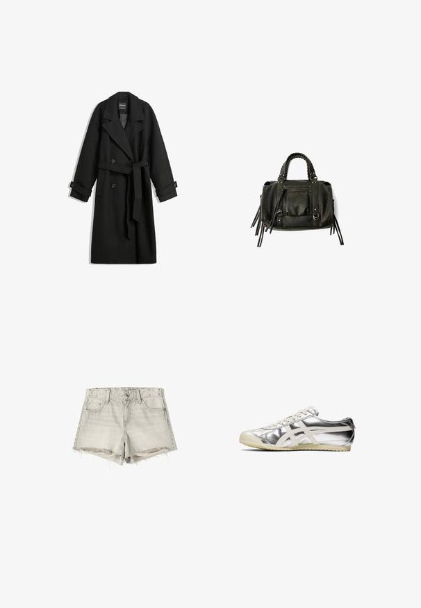 Musta villasekoitekotoinen takki, jossa on tuplapainike-muotoilu, suuret kaulukset, sivutaskut ja vyötärölle sidottava vyö. Koristeena nappiyksityiskohtia.; Valkoinen lyhythihainen pusero, jossa on pystysuorat ja V-muotoiset raidat, edessä vetoketju, terävä kaulus ja kaksi etutaskua.; Harmaa farkkushortsit, joissa on kulunut helma, metalliset niitit vyötärön ympärillä ja perinteinen viiden taskun muotoilu.; Hopeapintainen metallinen lenkkari valkoisilla yksityiskohdilla ja nauhoilla. Varustettu teksturoidulla pinnalla, pyöristävällä kärjellä ja kumipohjalla, jossa on kuvioita pitoa varten.; Musta nahkainen käsilaukku letitetuilla kahvoilla, vetoketjullinen tasku ja roikkuvat tupsut. Muotoiltu pinta metallisten niittien ja varusteiden korostuksilla.