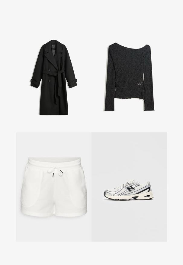 Crni kaput od mješavine vune s dvostrukim kopčanjem, velikim reverima, bočnim džepovima i remenom vezanim u struku. Ima detalje s gumbe.; Dug rukav, crni top od teksturirane tkanine s brod izrezom i bočnim prorezom, s naboranim uzorkom po cijeloj površini.; Bijele pamučne kratke hlače s elastičnim pojasom, vezicom s metalnim ubodima i dva bočna džepa s mekanom teksturom.; Bijeli i sivi atletski tenisice s crnim "N" LOGO-om, mrežasta gornjište, podloga s amortizacijom i dizajn s čipkastom vezom, prikazano na jednostavnom svijetlosivom pozadini.
