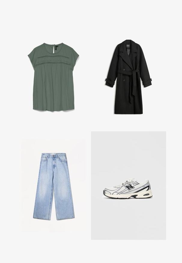 Crni kaput od mješavine vune s dvostrukim kopčanjem, velikim reverima, bočnim džepovima i remenom vezanim u struku. Ima detalje s gumbe.; Svijetlozelena bluzica s kratkim rukavima, čipkastim detaljima na grudima i otvorom na leđima. Izrađena od lepršave tkanine s opuštenim krojem.; Bershka WIDE-LEG - Široke nogavice - light-blue denim; Bijeli i sivi atletski tenisice s crnim "N" LOGO-om, mrežasta gornjište, podloga s amortizacijom i dizajn s čipkastom vezom, prikazano na jednostavnom svijetlosivom pozadini.