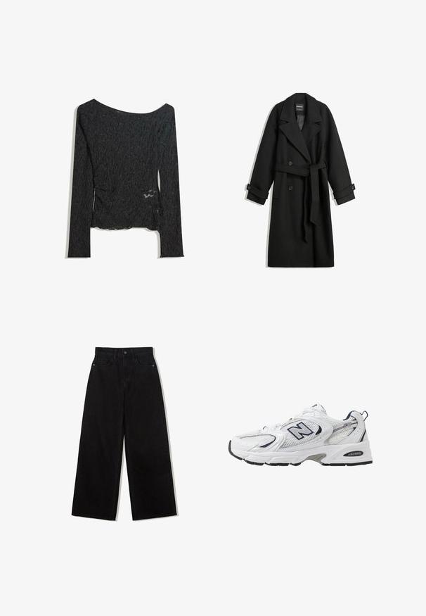 Black wool blend coat with a double-breasted design, large lapels, side pockets, and a tied belt at the waist. Features button accents.; Long-sleeve black top made of textured fabric with a boat neckline and side slit detail, featuring a wrinkled pattern throughout.; Black, wide-leg jeans made of denim with a high waist, featuring a five-pocket design and a single button closure at the front.; White athletic shoe with mesh upper, navy accents, and cushioned sole. Features "N" logo, laces, and textured detail on side.