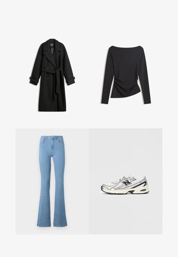 Fekete gyapjúkeverék kabát dupla gombolású kialakítással, nagy hajtókákkal, oldalsó zsebekkel és derékon megkötős övvela. Gombos díszítéssel rendelkezik.; Fekete, hosszú ujjú, testhez simuló blúz, tatyónyakkivágással, az oldalon a deréknál enyhe redőzéssel, fehér háttérre fektetve.; Világoskék, trapéznadrág fazonú farmer, magas derékkal, öt zsebbel, elülső cipzárral és fémből készült gombbal záródik.; Fehér és szürke sportcipő fekete "N" logóval, hálós felsőrész, párnázott talp és fűzős kialakítás, világos szürke háttér előtt.