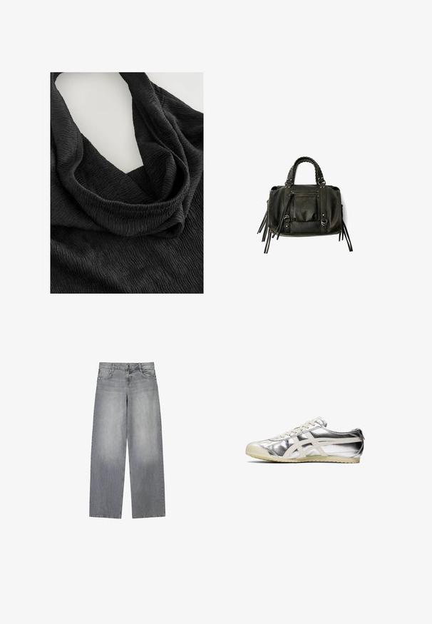 Schwarzer Wollmischungs-Mantel mit einem doppelt breiten Design, großen Revers, seitlichen Taschen und einem gebundenen Gürtel in der Taille. Mit Knopf-Akzenten.; Schwarzer, strukturierter Stoff mit einem zerknitterten Muster, der in einem geschwungenen Design drapiert ist. Das Material wirkt weich und leicht, was die fließende Form unterstreicht.; Graue Denim-Jeans mit weitem Bein und leicht ausgewaschenem Finish, ausgestattet mit fünf Taschen, einem frontalen Knopfverschluss und Gürtelschlaufen.; Silberne metallische Sneaker mit weißen Akzenten und Schnürsenkeln. Verfügt über eine strukturierte Oberfläche, eine abgerundete Zehenpartie und eine Gummi-Sohle mit einem Muster für besseren Halt.; Schwarze Lederhandtasche mit geflochtenen Griffen, Reißverschlussfach und hängenden Quasten. Strukturiert Oberfläche mit Metallnieten und Hardware-Akzenten.