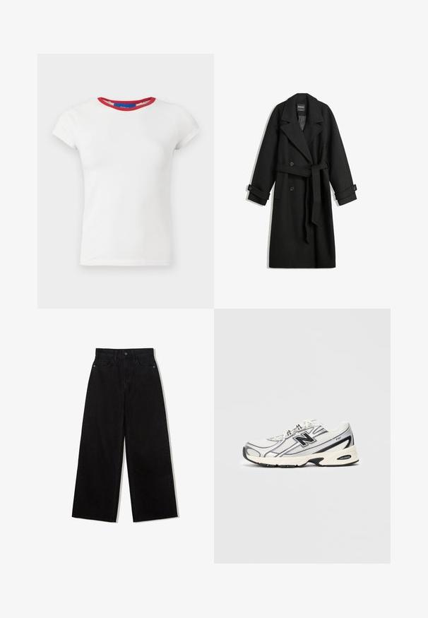 Črn plašč iz volnenega mešanega materiala z dvojno zadrgo, velikimi reverji, stranskimi žepi in pasom, ki se veže. Vsebuje gumbe kot okrasne elemente.; Bela majica s kratkimi rokavi in rdečim rebrastim ovratnikom. Mehka bombažna tkanina, prilegajoča se zasnova in ravna rob.; Črne široke kavbojke iz denima z visokim pasom, ki imajo pet žepov in en gumb za zapiranje spredaj.; Beli in sivi športni copat z črnim logotipom "N", mrežasto zgornjim delom, podplatom z oblazinjenjem in vezalnim dizajnom, prikazan na enobarvnem svetlo sivo ozadju.