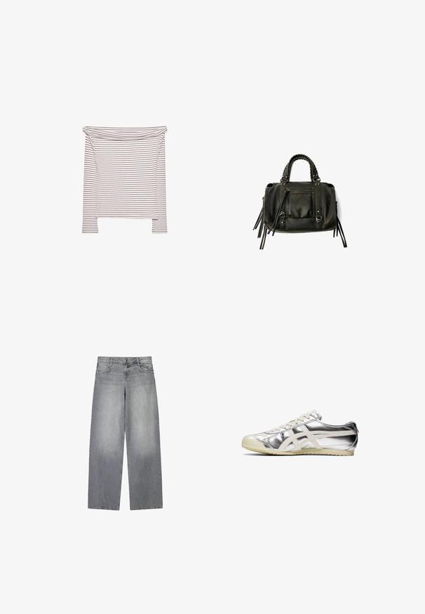 Black wool blend coat with a double-breasted design, large lapels, side pockets, and a tied belt at the waist. Features button accents.; Striped off-shoulder top in soft fabric, featuring thin black stripes on a light background, fitted bodice, and long sleeves.; Wide-leg gray denim jeans with a slightly faded finish, featuring five pockets, a front button closure, and belt loops.; Silver metallic sneaker with white accents and laces. Features a textured surface, rounded toe, and a rubber sole with a pattern for grip.; Black leather handbag with braided handles, zipper pocket, and hanging tassels. Textured surface with metal studs and hardware accents.