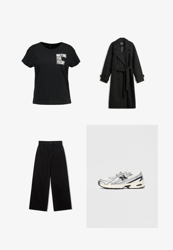 Palton din lână neagră cu un design dublu breasted, rever mari, buzunare laterale și o curea legată la talie. Include accente cu nasturi.; Tricou din bumbac negru cu mânecă scurtă, având un text grafic alb "AȘTEPTÂND VINERI" în zona din stânga a pieptului.; Jeans negri, cu picioare largi, din denim, cu talie înaltă, având un design cu cinci buzunare și o închidere cu un singur nasture în față.; Adidașuri atletice albe și gri cu logo-ul negru "N", partea superioară din plasă, talpă amortizată și design cu șireturi, prezentate pe un fundal simplu de gri deschis.
