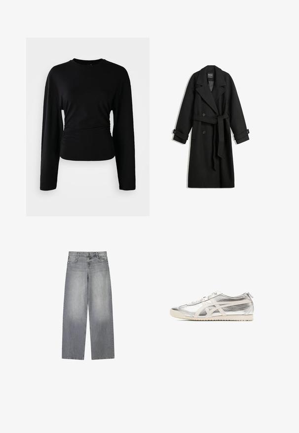 Black wool blend coat with a double-breasted design, large lapels, side pockets, and a tied belt at the waist. Features button accents.; Black long-sleeve top made from soft fabric. Features a rounded neckline and gathered detail at the waist. Smooth texture, fitted design.; Wide-leg gray denim jeans with a slightly faded finish, featuring five pockets, a front button closure, and belt loops.; Silver athletic shoe with shiny metallic upper, light beige accents, flat laces, and textured sole. Classic design with streamlined shape.
