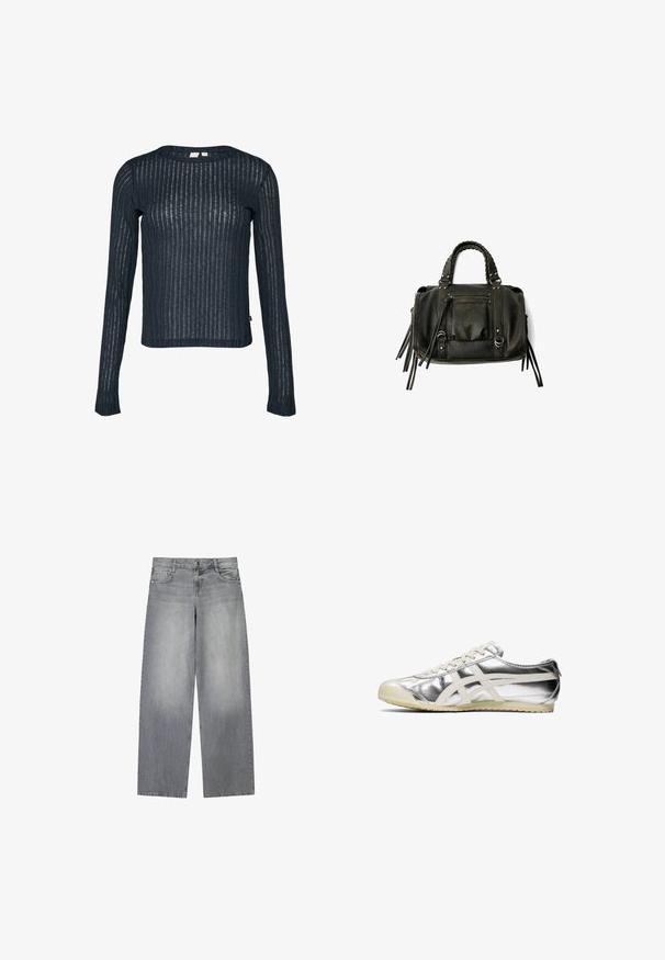 Schwarzer Wollmischungs-Mantel mit einem doppelt breiten Design, großen Revers, seitlichen Taschen und einem gebundenen Gürtel in der Taille. Mit Knopf-Akzenten.; Marineblaues Langarmoberteil aus transparenter, strukturierter Stoff mit vertikalen Streifen. Rundhalsausschnitt und leicht verkürzter Saum. Etikett an der Seite sichtbar.; Graue Denim-Jeans mit weitem Bein und leicht ausgewaschenem Finish, ausgestattet mit fünf Taschen, einem frontalen Knopfverschluss und Gürtelschlaufen.; Silberne metallische Sneaker mit weißen Akzenten und Schnürsenkeln. Verfügt über eine strukturierte Oberfläche, eine abgerundete Zehenpartie und eine Gummi-Sohle mit einem Muster für besseren Halt.; Schwarze Lederhandtasche mit geflochtenen Griffen, Reißverschlussfach und hängenden Quasten. Strukturiert Oberfläche mit Metallnieten und Hardware-Akzenten.