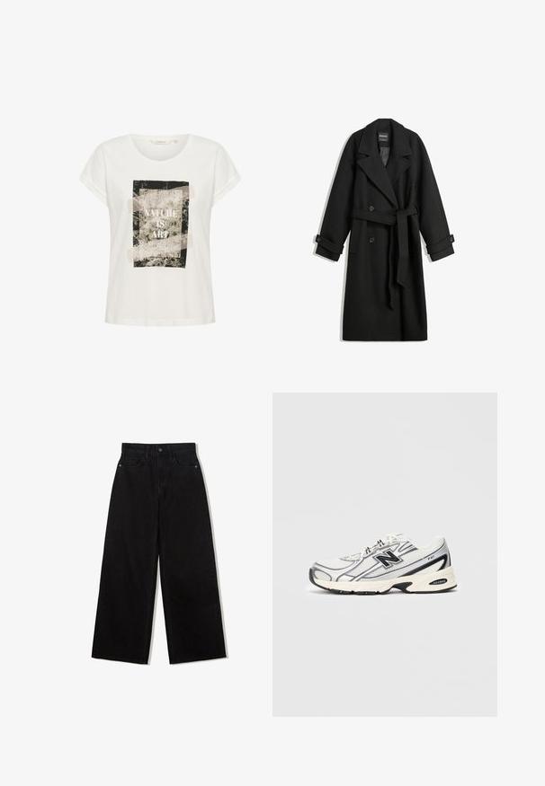 Sort uldblandet frakke med dobbeltrækker design, store revers, sidelommer og et bundet bælte i taljen. Har knapdetaljer.; Hvid bomulds t-shirt med korte ærmer og rund hals, med et grafisk print af løv og teksten "NATURE IS ART" i sort.; Sorte, vidde jeans lavet af denim med høj talje, med en fem-lomme design og en enkelt knaplukning foran.; Hvid og grå atletisk sneakers med sort "N" logo, mesh-overdel, polstret sål og snørebåndsdesign, vist på en ensfarvet lys grå baggrund.
