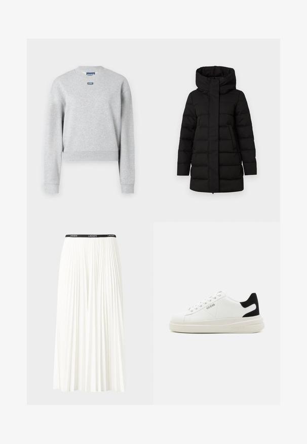 Zwarte geïsoleerde pufferjack met een hoge kraag, een ritssluiting aan de voorkant en twee zijzakken. Beschikt over een gequilte structuur voor warmte.; Grijze sweatshirt met een ronde hals, lange mouwen en geribbelde manchetten. Bevat een klein blauw logo-label op de bovenste voorkant. Zachte textuur.; Zwart katoenen T-shirt met korte opgerolde mouwen, een ronde halslijn en een rood label. Glad textuur, aansluitende pasvorm met minimale details.; Plisséminirok in het wit met een zwarte elastische tailleband met het "LACOSTE"-logo. Middellange ontwerp met een zachte textuur.; Witte leren sneakers met een dikke witte zool, zwarte suède hielaccent en een geperst logo op de zijkant. Vetersluiting met zes oogjes.