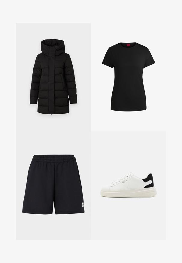 Čierna zateplená pufovaná bunda s vysokým golierom, predným zipsom a dvoma bočnými vreckami. Má prešívaný vzor pre teplo.; Čierne bavlnené tričko s krátkymi rolovanými rukávmi, okrúhlym výstrihom a červenou nášivkou. Hladká textúra, priliehavý strih s minimálnymi detailmi.; Čierne kraťasy s elastickým pásom, vyrobené z mäkkej látky. Na dolnej ľavej strane majú malé biele logo "HUGO".; Biele kožené tenisky s hrubou bielou podrážkou, čiernym zamekom na päte a vyrazeným logom na boku. Šnurovací dizajn so šiestimi očkami.