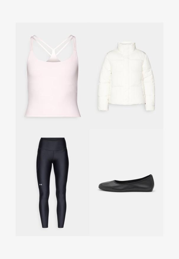 Weißer Daunenjacke mit hohem Kragen, mit gesteppten Abschnitten, einem vorderen Reißverschluss und leicht gepufften Ärmeln. Glatte Textur.; Fabletics PRINCIPAL BUILT IN BRA TANK - Top - sugar pink; Schwarze Leggings aus glattem, elastischem Material mit einem hohen Bund. Mit einem weißen Logo auf dem linken Oberschenkel und tailliertem Design.; Schwarze Leder-Ballettschuhe mit abgerundeter Spitze, glatter Textur, minimalen Nähdetails und einem flexiblen Sohlen-Design.