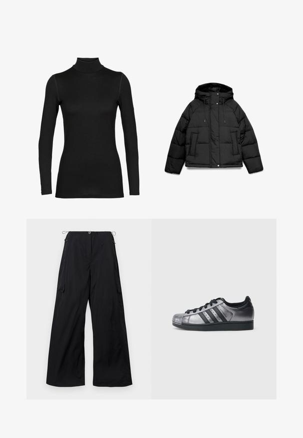 Schwarz gepolsterte Jacke mit Kapuze, ausgestattet mit einer vorderen Knopfleiste, zwei großen Seitentaschen und einem gesteppten Design. Das Material wirkt glatt und dick.; Schwarzes langärmliges Rollkragenoberteil aus einem glatten, elastischen Stoff. Es verfügt über ein tailliertes Design mit nahtlosen Schultern und einem hohen Kragen.; Weite schwarze Hosen aus leichtem Stoff, mit Knopfverschluss, Kordelzugbund und seitlicher Cargo-Taschen-Detail.; Schwarze und metallisch silberne Sneaker mit abgerundetem Zehenbereich, drei schwarzen Streifen und einer strukturierten Oberfläche. Schwarze Schnürsenkel und Gummisohle.