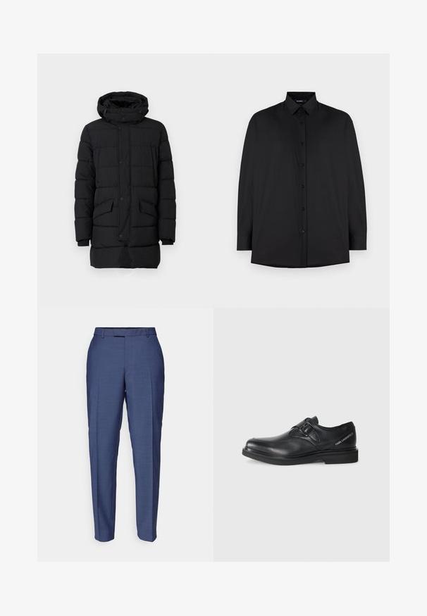 Abrigo negro tipo plumas con capucha, con diseño acolchado, botones a presión y dos bolsillos frontales. Fabricado con material suave y aislante.; Camisa negra de manga larga hecha de tela suave. Presenta un cuello clásico y cierre frontal con botones. Corte relajado con un dobladillo curvado.; Pantalones azul ajustados hechos de un tejido texturizado. Cuentan con un frente plano, presillas para cinturón y un diseño de corte slim con piernas ajustadas.; Zapato de cuero negro con punta redonda, detalle de hebilla simple y suela de goma plana. Presenta una marca en el lateral cerca del tacón.
