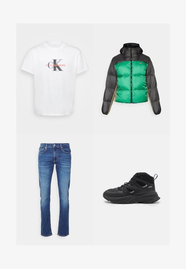 Puffer bunda s zeleným předním dílem, černými rameny a béžovými bočními panely. Má vysoký límec, plný zip a polstrovanou strukturu.; Černá mikina z bavlněné směsi, s kulatým výstřihem, žebrovanými rukávy a velkým bílým logem Calvin Klein na přední straně.; Bílý bavlněný tričko s velkým černým logem "K" a pink textem "Calvin Klein Jeans" pod ním. Kola krk a krátké rukávy.; Modré džínové kalhoty s rovnou nohavicí. Mezi vlastnosti patří tradiční uspořádání pěti kapes a viditelné švy.; Černé turistické boty s vrstveným designem, texturovanou látkou a gumovou podešví, se zesílenými částmi a šněrovacím uzávěrem.