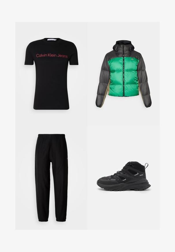 Dygsniuota striukė su žalia priekiu, juodais pečiais ir béžinėmis šoninėmis panelėmis. Ji turi aukštą apykaklę, pilną užtrauktuką ir paminkštintą struktūrą.; Juodas džemperis, pagamintas iš medvilnės mišinio, su apvalia apykakle, raukšlėtomis rankovėmis ir dideliu baltu Calvin Klein logotipu priekyje.; Juodas trumpomis rankovėmis medvilnės marškinėliai su apvaliu iškirpimu. Raudonas "Calvin Klein Jeans" logotipas per krūtinę, paprastas dizainas, be papildomų raštų.; Juodos sportinės kelnės su elastingu juosmeniu, siaurėjančiomis kojomis ir rankogaliais. Lygus audinio paviršius. Logo detalė šone.; Juodi žygio batai su sluoksniuota struktūra, tekstūruota medžiaga ir guma padanga, su sutvirtintomis sritimis ir raištelių užsegimu.
