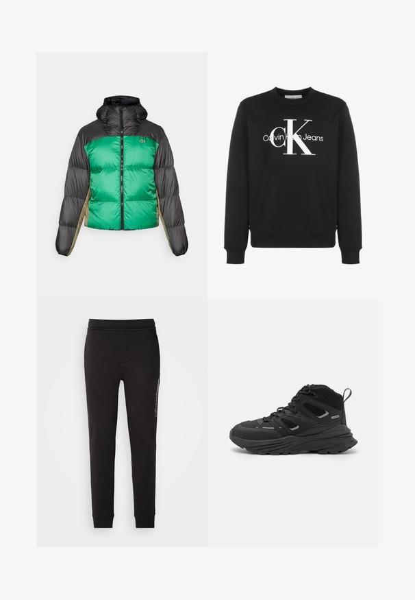 Puffer jacket featuring a green front, black shoulders, and beige side panels. It has a high collar, full zip, and padded texture.; Black sweatshirt made of cotton blend, featuring a crew neckline, ribbed cuffs, and a large white Calvin Klein logo on the front.; Black sweatpants made of soft cotton. Fitted design with an elastic waistband. Features a vertical white printed logo on the left leg.; Black hiking shoes featuring a layered design, textured fabric, and rubber sole, with reinforced areas and a lace-up front.