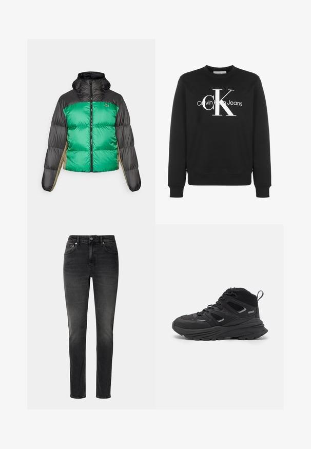 Puffjacka med grön framsida, svarta axlar och beige sidopaneler. Den har en hög krage, full dragkedja och vadderad textur.; Svart sweatshirt i en bomullsblandning, med rundad halsringning, ribbade muddar och en stor vit Calvin Klein-logotyp på framsidan.; Svarta jeans gjorda av denim, med rak passform, fem fickor och knäppning. Ljus blekning ger textur till tyget.; Svarta vandringsskor med ett flerskiktat mönster, texturerat tyg och gummisula, med förstärkta områden och snörning fram.