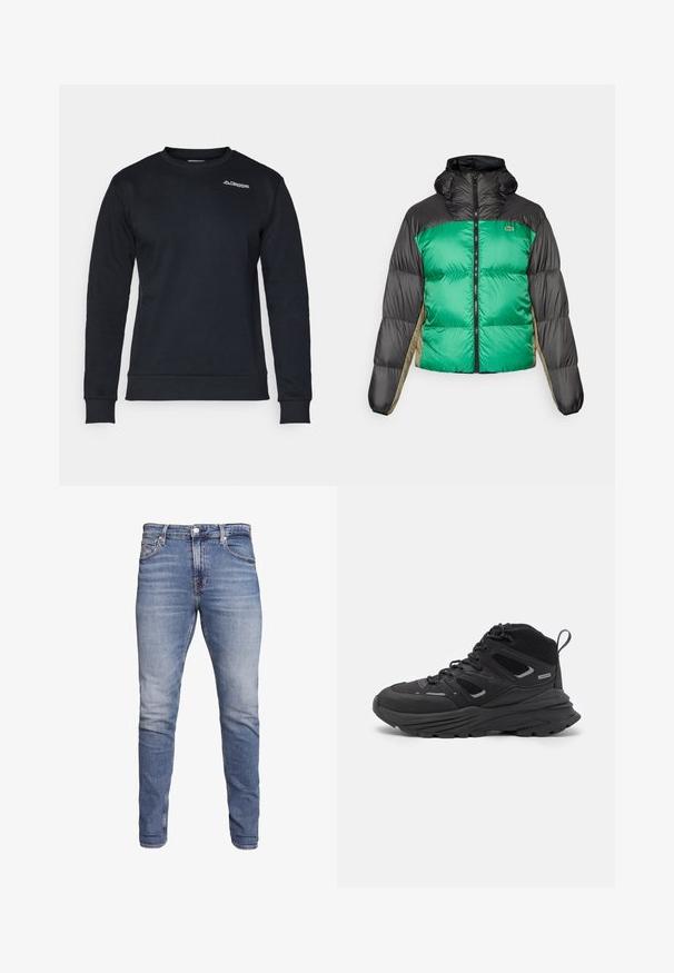 Casaco tipo puffer com frente verde, ombros pretos e painéis laterais bege. Tem um colarinho alto, fecho completo e textura almofadada.; Sweatshirt preto de manga longa com decote redondo, com um pequeno logotipo branco da Kappa no lado superior esquerdo do peito, punhos e cintura canelados.; Jeans slim fit azuis com cinco bolsos, lavagem desbotada, fecho de botão e passadores de cinto, expostos contra um fundo branco.; Botas de caminhada pretas com um design em camadas, tecido texturizado e sola de borracha, com áreas reforçadas e atacadores na frente.