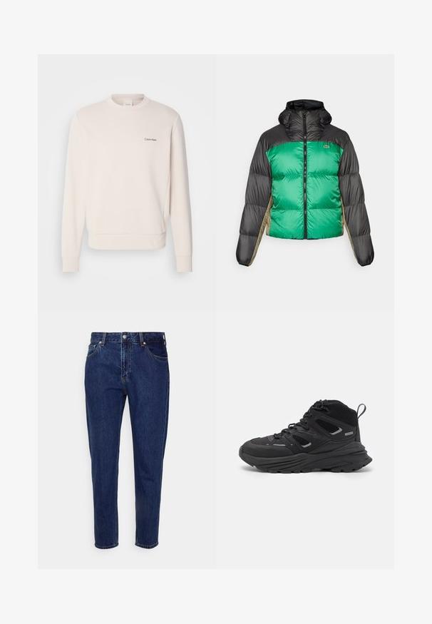 Kurtka puchowa z zielonym przodem, czarnymi ramionami i beżowymi panelami bocznymi. Posiada wysoki kołnierz, zamek błyskawiczny na całej długości oraz pikowaną teksturę.; Kremowy sweatshirt wykonany z miękkiej mieszanki bawełny, z okrągłym dekoltem i ściągaczami, z małym czarnym logotypem Calvin Klein na piersi.; Granatowe dżinsy o prostym kroju nogawki, pięć kieszeni i zapięcie na guziki. Posiadają delikatne przetarcia i detale w szyciu.; Czarne buty trekkingowe z warstwowym wzornictwem, teksturowanym materiałem i gumową podeszwą, z wzmocnionymi obszarami i sznurowanym przodem.