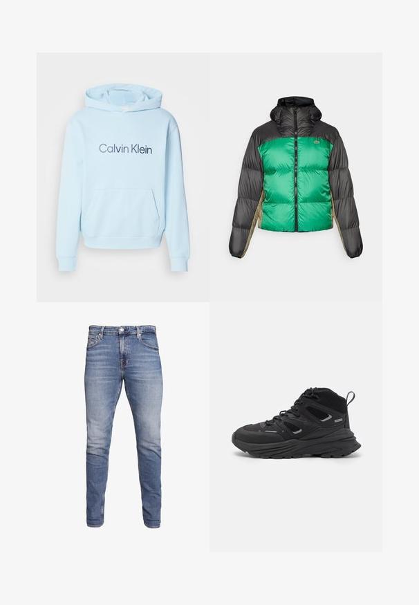 Jachetă puffer cu față verde, umeri negri și panouri laterale bej. Dispune de un guler înalt, fermoar complet și textură umplută.; Hanorac bleu deschis, realizat dintr-un material moale, cu o curea frontală și un logo "Calvin Klein" imprimat în bleu închis.; Jeans slim-fit de culoare albastră, cu cinci buzunare, spălare decolorată, închidere cu nasture și suport pentru curea, prezentate pe un fundal alb.; Pantofi de drumeție negri cu un design stratificat, material texturat și talpă din cauciuc, cu zone întărite și sistem de șireturi.