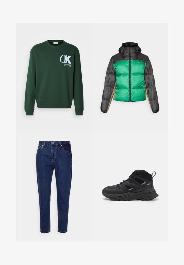 Doudoune avec un devant vert, des épaules noires et des panneaux latéraux beiges. Elle a un col haut, une fermeture éclair intégrale et une texture matelassée.; Sweatshirt en coton vert avec des manches longues, col rond, et logo Calvin Klein blanc sur la poitrine. Texture lisse et poignets côtelés.; T-shirt en coton blanc avec un logo "CK" noir et le texte "Calvin Klein Jeans", manches courtes et col rond classique.; Jean en denim bleu foncé avec une coupe droite, cinq poches et une fermeture à bouton. Présente un léger délavage et des détails de couture subtils.; Chaussures de randonnée noires avec un design superposé, un tissu texturé et une semelle en caoutchouc, comportant des zones renforcées et un système de laçage à l'avant.