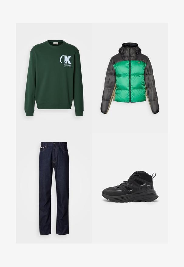 Kurtka puchowa z zielonym przodem, czarnymi ramionami i beżowymi panelami bocznymi. Posiada wysoki kołnierz, zamek błyskawiczny na całej długości oraz pikowaną teksturę.; Zielony bawełniany sweter z długimi rękawami, okrągłym dekoltem i białym logo Calvin Klein na piersi. Gładka tekstura i ściągacze przy mankietach.; Biała bawełniana koszulka z krótkim rękawem z czarnym logo "CK" oraz napisem "Calvin Klein Jeans", z klasycznym okrągłym dekoltem.; Granatowe dżinsy o prostym kroju nogawek, z guzikiem zamiast zamka, pięcioma kieszeniami oraz kontrastowymi detalami w szyciu.; Czarne buty trekkingowe z warstwowym wzornictwem, teksturowanym materiałem i gumową podeszwą, z wzmocnionymi obszarami i sznurowanym przodem.