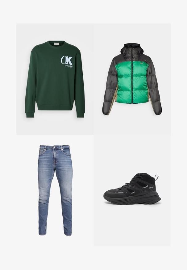 Puffjacka med grön framsida, svarta axlar och beige sidopaneler. Den har en hög krage, full dragkedja och vadderad textur.; Grön bomullströja med långa ärmar, rund halsringning och vit Calvin Klein-logotyp på bröstet. Slät yta och ribbade ärmslut.; Blå slim-fit jeans med fem fickor, blekt tvätt, knäppning och bälteshål, uppvisade mot en vit bakgrund.; Svarta vandringsskor med ett flerskiktat mönster, texturerat tyg och gummisula, med förstärkta områden och snörning fram.