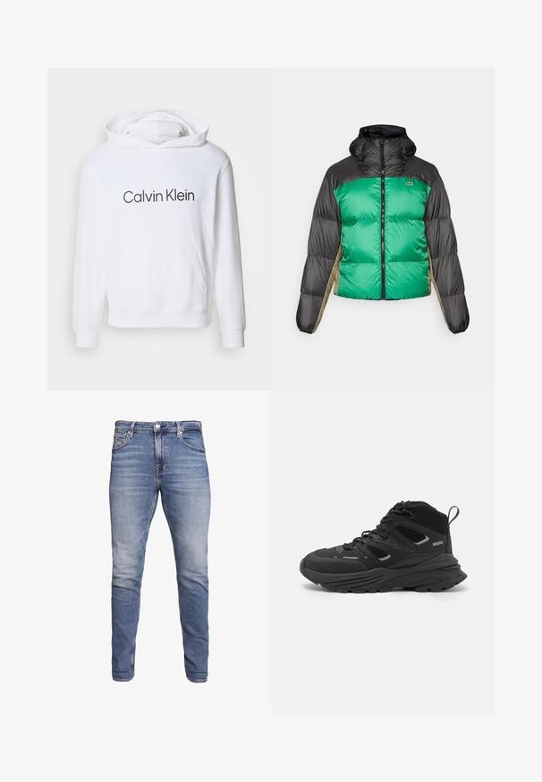 Doudoune avec un devant vert, des épaules noires et des panneaux latéraux beiges. Elle a un col haut, une fermeture éclair intégrale et une texture matelassée.; Sweat à capuche blanc avec une poche avant, portant "Calvin Klein" imprimé en texte gris foncé sur la poitrine. Fabriqué en tissu doux.; Jean slim taille bleue avec cinq poches, délavage, fermeture à bouton et passants de ceinture, présentés sur un fond blanc.; Chaussures de randonnée noires avec un design superposé, un tissu texturé et une semelle en caoutchouc, comportant des zones renforcées et un système de laçage à l'avant.