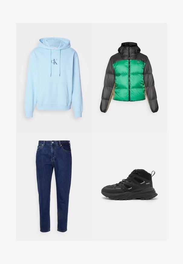 Pufi dzseki zöld elülső résszel, fekete vállpántokkal és bézs oldalsó panelekével. Magas gallérral, teljes cipzárral és párnázott anyaggal rendelkezik.; Világoskék kapucnis pulóver, amely puha pamut keverékből készült, elülső kenguruzsebbel és nyomtatott Calvin Klein logóval a mellkason.; Sötétkék farmernadrág egyenes szárú szabással, öt zsebbel és gombos cipzárral. Finom elhalványulásokkal és varrási részletekkel rendelkezik.; Fekete túracipő rétegezett kialakítással, texturált anyaggal és gumitalppal, megerősített részekkel és fűzős elülső résszel.