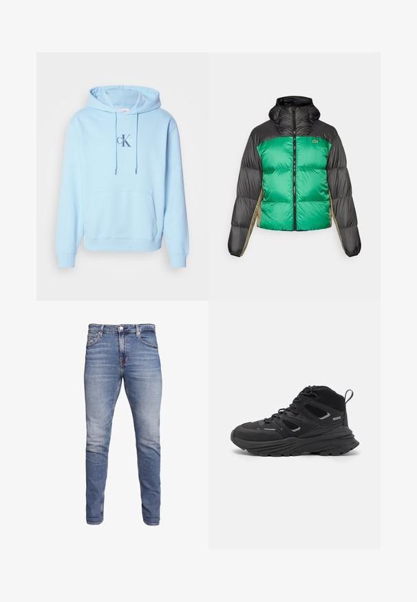 Pufferjack die een groene voorkant, zwarte schouders en beige zijpanelen heeft. Het heeft een hoge kraag, volledige rits en een gewatteerde textuur.; Lichtblauwe sweatshirt met capuchon, gemaakt van een zachte katoenmix, met een voorste buidelzak en een bedrukte Calvin Klein-logo op de borst.; Blauwe slim-fit jeans met vijf zakken, vervaagde was, knoopsluiting en riemlussen, weergegeven tegen een witte achtergrond.; Zwarte wandelschoenen met een gelaagd ontwerp, textiele stof en rubberen zool, met verstevigde delen en een vetersluiting aan de voorkant.