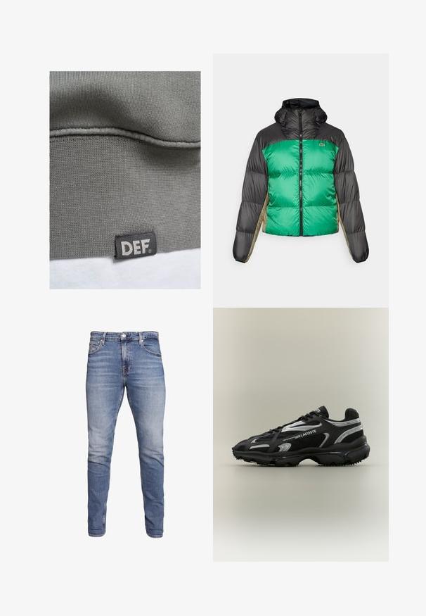 Puffjakke med grønne for- og sorte skuldre samt beige sidepaneler. Den har en høj krave, fuld lynlås og polstret tekstur.; Grå sweatshirtstof med ribbet tekstur. Har et sort label med hvid tekst "DEF" nederst på kanten. Glat overflade og enkelt design.; Hvid bomulds t-shirt med et sort "CK" logo og teksten "Calvin Klein Jeans", korte ærmer og en klassisk rund halsudskæring.; Blå slim-fit jeans med fem lommer, bleget vask, knaplukning og bæltestropper, præsenteret mod en hvid baggrund.; Sort og sølv Lacoste sneaker med mesh- og syntetisk overdel, afrundet tå, tekstureret sål og mærkedesign på siden, præsenteret på en neutral baggrund.