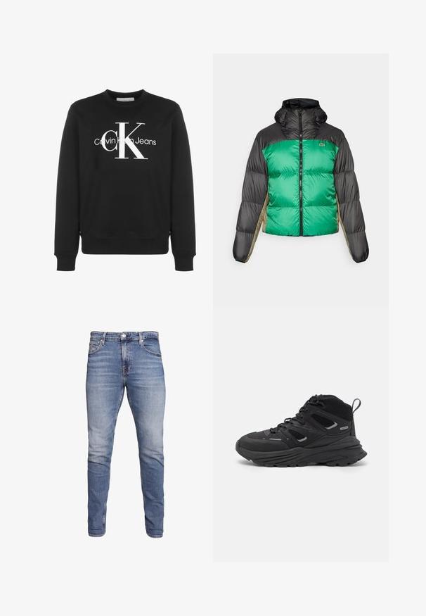 Pufi dzseki zöld elülső résszel, fekete vállpántokkal és bézs oldalsó panelekével. Magas gallérral, teljes cipzárral és párnázott anyaggal rendelkezik.; Fekete pamut keverék pulóver, kerek nyakú, bordázott mandzsettákkal, az elején egy nagy fehér Calvin Klein logóval.; Kék, slim-fit farmernadrág ötpocketos kivitelben, kopott mosással, gombos záródással és övhurkokkal, fehér háttér előtt bemutatva.; Fekete túracipő rétegezett kialakítással, texturált anyaggal és gumitalppal, megerősített részekkel és fűzős elülső résszel.
