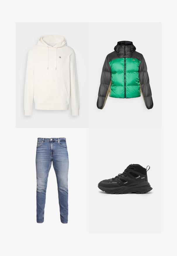 Kurtka puchowa z zielonym przodem, czarnymi ramionami i beżowymi panelami bocznymi. Posiada wysoki kołnierz, zamek błyskawiczny na całej długości oraz pikowaną teksturę.; Biała bluza z kapturem, z kieszenią z przodu, sznurkami i małym czarnym logo na klatce piersiowej. Materiał wygląda na miękki i teksturowany.; Niebieskie dżinsy slim-fit z pięcioma kieszeniami, wyblakłe, z zapięciem na guzik i szlufkami na pasek, wyeksponowane na białym tle.; Czarne buty trekkingowe z warstwowym wzornictwem, teksturowanym materiałem i gumową podeszwą, z wzmocnionymi obszarami i sznurowanym przodem.