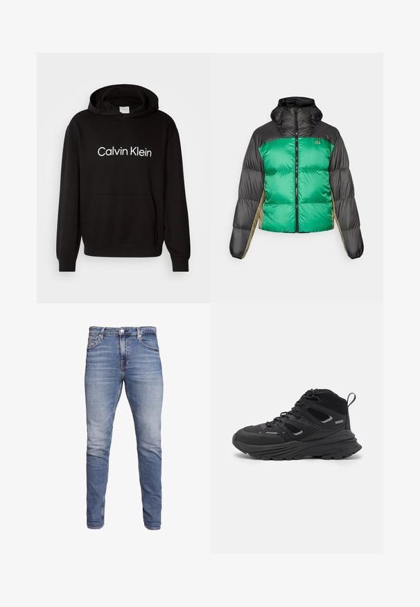 Giubbotto imbottito caratterizzato da un davanti verde, spalle nere e pannelli laterali beige. Presenta un colletto alto, chiusura a zip totale e una texture imbottita.; Hoodie in cotone nero con tasca frontale, caratterizzato dal logo bianco "Calvin Klein" sul petto e polsini e orlo a costine.; Jeans blu slim-fit con cinque tasche, lavaggio scolorito, chiusura a bottoni e passanti per cintura, mostrati su uno sfondo bianco.; Scarpe da trekking nere con un design a strati, tessuto testurizzato e suola in gomma, dotate di aree rinforzate e allacciatura frontale.
