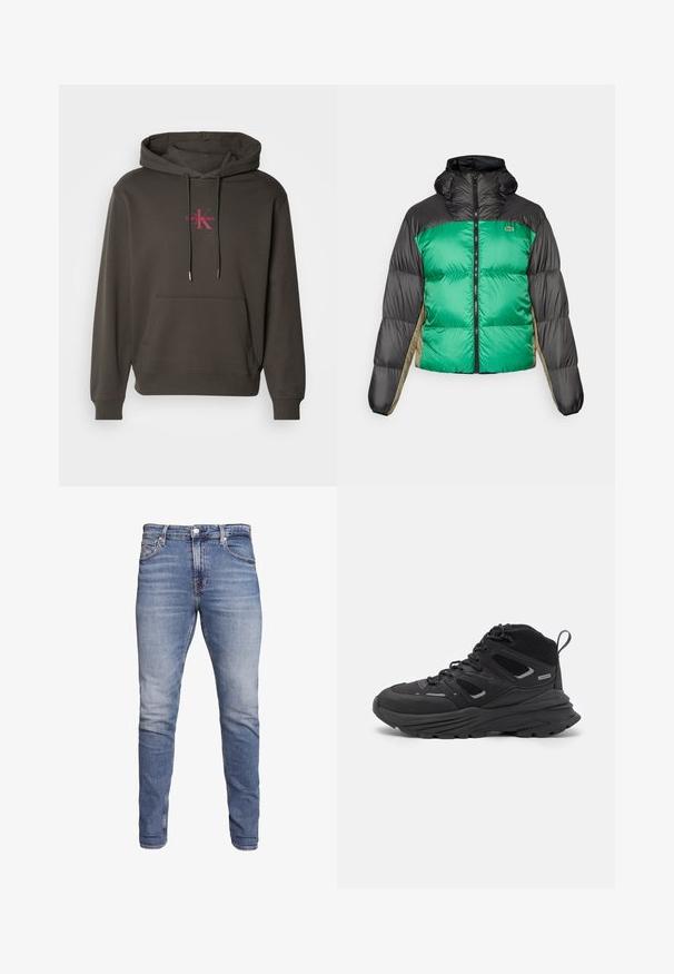 Casaco tipo puffer com frente verde, ombros pretos e painéis laterais bege. Tem um colarinho alto, fecho completo e textura almofadada.; Sweatshirt capuz cinza-escuro com bolso frontal, capuz com cordão e logótipo Calvin Klein em rosa no peito. Material de algodão suave.; Jeans slim fit azuis com cinco bolsos, lavagem desbotada, fecho de botão e passadores de cinto, expostos contra um fundo branco.; Botas de caminhada pretas com um design em camadas, tecido texturizado e sola de borracha, com áreas reforçadas e atacadores na frente.