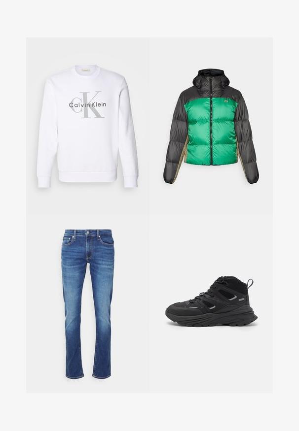 Pufová bunda s prednou časťou v zelenej farbe, čiernymi ramenami a béžovými bočnými panelmi. Má vysoký golier, plný zips a vystuženú textúru.; Biela mikina vyrobená z mäkkého materiálu s veľkým šedým logom "Calvin Klein" a "cK" na prednej strane. Okrúhly výstrih a rebrované manžety.; Biele bavlnené tričko s čiernym logom "CK" a nápisom "Calvin Klein Jeans", krátke rukávy a klasický okrúhly výstrih.; Modré džínsy s rovnými nohavicami. Medzi funkcie patrí tradičné usporiadanie piatich vreciek a viditeľné detaily šitia.; Čierne turistické topánky s vrstveným dizajnom, textúrovaným materiálom a gumovou podrážkou, so zosilnenými miestami a šnurovaním vpredu.