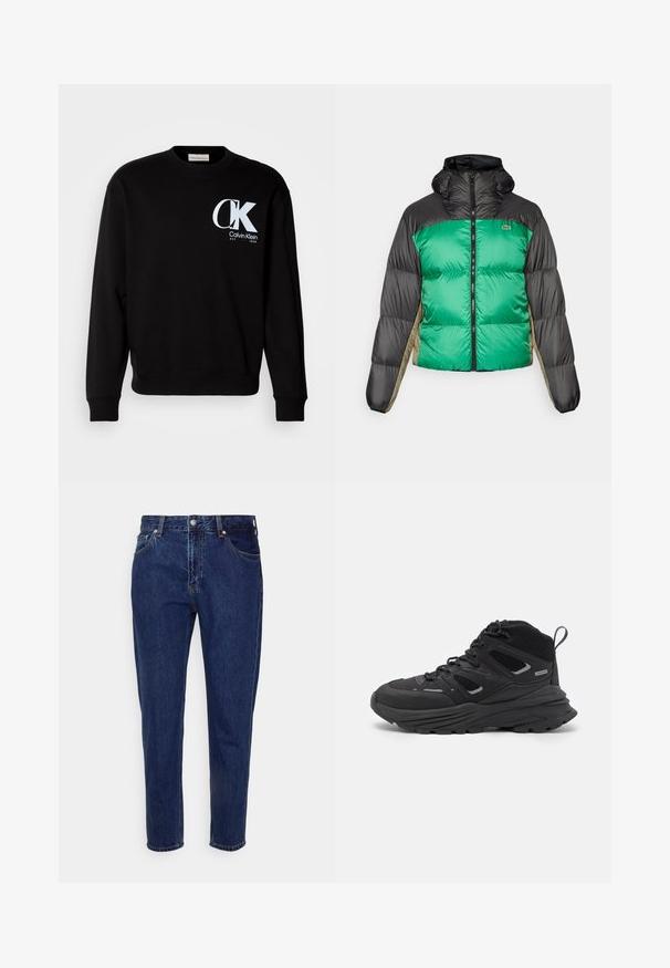 Kurtka puchowa z zielonym przodem, czarnymi ramionami i beżowymi panelami bocznymi. Posiada wysoki kołnierz, zamek błyskawiczny na całej długości oraz pikowaną teksturę.; Czarny sweatshirt wykonany z bawełny z prążkowanym kołnierzem i mankietami. Na przodzie znajduje się białe logo "CK" oraz napis "Calvin Klein EST 1968".; Granatowe dżinsy o prostym kroju nogawki, pięć kieszeni i zapięcie na guziki. Posiadają delikatne przetarcia i detale w szyciu.; Czarne buty trekkingowe z warstwowym wzornictwem, teksturowanym materiałem i gumową podeszwą, z wzmocnionymi obszarami i sznurowanym przodem.