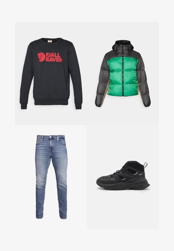 Pufi dzseki zöld elülső résszel, fekete vállpántokkal és bézs oldalsó panelekével. Magas gallérral, teljes cipzárral és párnázott anyaggal rendelkezik.; Fekete pamut pulóver, amelynek feltűnő piros logója és grafikája van. A dizájn hosszú ujjú és kerek nyakú.; Kék, slim-fit farmernadrág ötpocketos kivitelben, kopott mosással, gombos záródással és övhurkokkal, fehér háttér előtt bemutatva.; Fekete túracipő rétegezett kialakítással, texturált anyaggal és gumitalppal, megerősített részekkel és fűzős elülső résszel.