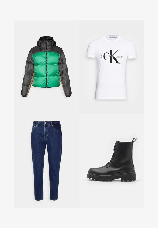 Puffer bunda s zeleným předním dílem, černými rameny a béžovými bočními panely. Má vysoký límec, plný zip a polstrovanou strukturu.; Bílý bavlněný tričko s černým logem "CK" a textem "Calvin Klein Jeans", krátké rukávy a klasický kulatý výstřih.; Tmavě modré džíny z denimu s rovným střihem, pěti kapsami a zapínáním na knoflík. Obsahují jemné vyblednutí a detaily šití.; Calvin Klein Jeans Šněrovací kotníkové boty - triple black